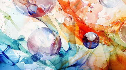Abstract watercolor artwork featuring glass items, splashes of translucent colors, suitable for art gallery posters