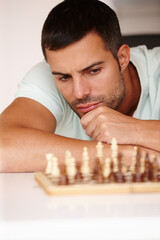 Chess, man and concentration for strategy, thinking and problem solving for games. Face, planning...