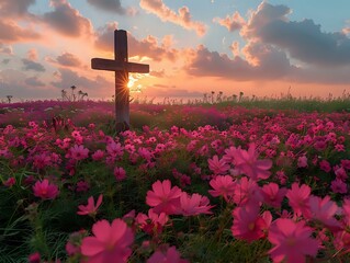 Symbol of Faith: A Field of Flowers Under the Setting Sun