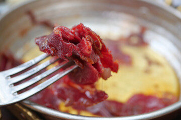 turkish meat pasturma on a a plate , dried meat on a plate 
