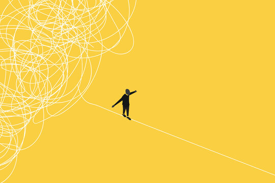 businessman running away from mess chaos line. concept of find solution, thinking process and problem solving