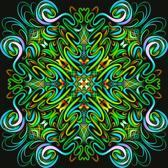 Oriental motifs, bright multi-colored ornament on a dark, black background, modern, ethnic pattern, India, mandala, richly decorated, gold, luxury