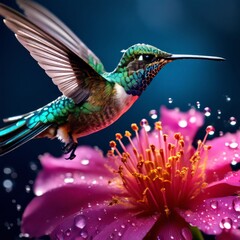 Obraz premium Hummingbird with flower and rain drops. Hummingbird in the rainforest. AI generated