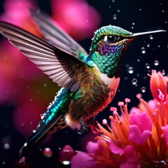 Obraz premium Hummingbird with flower and rain drops. Hummingbird in the rainforest. AI generated