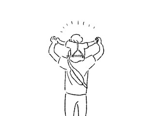 小さい男の子を肩車する男性の後ろ姿、背中（子供と父親、家族、親子）線画
