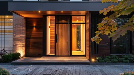 Brick House Modern Wooden Front Door, beautiful house. copy space for text.