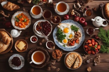 'turkish breakfast flat lay family eating pastry vegetables greens cheeses fried eggs jams oriental tableware tea copper pot tulip glasses rustic wooden background top view food traditional topview'