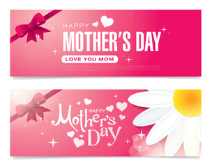 Mother's day horizontal banners set with chamomile and gift box vector illustration