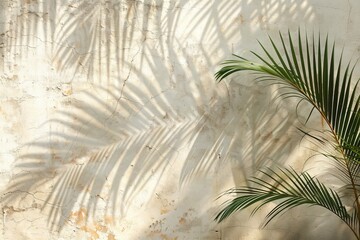 Shadow of palm leaves on white concrete light beige wall, Generative AI