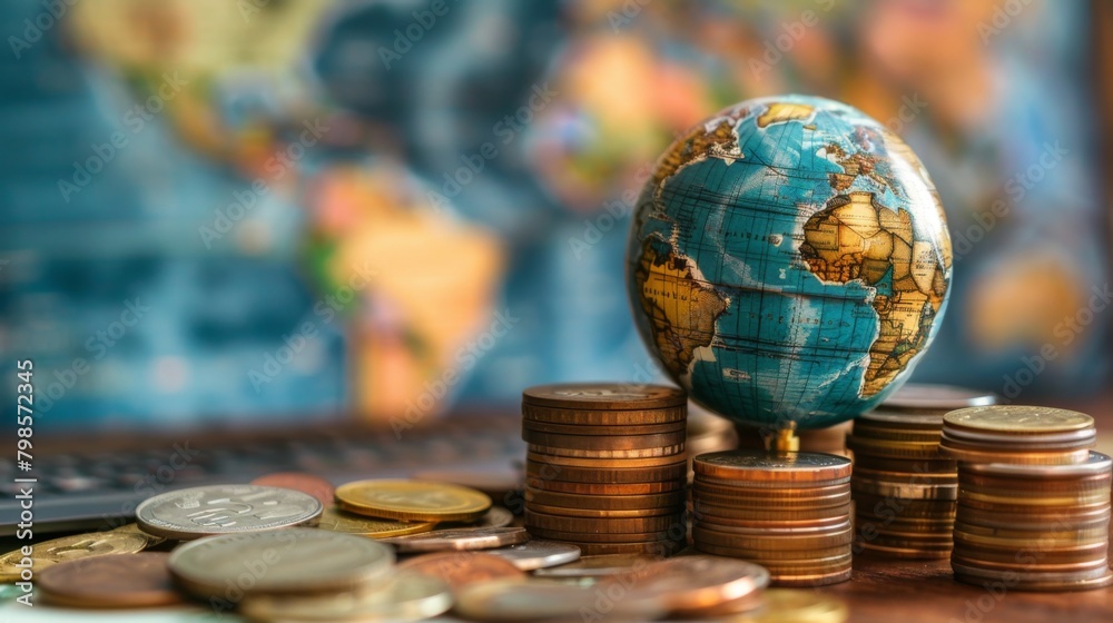 Wall mural globe and stack with coins. money makes the world go round