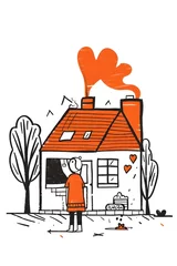 Fotobehang Cozy of a house with heart shaped smoke symbolizing the warmth and love of a happy family home © CYBERUSS