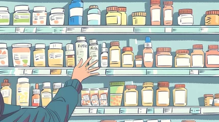 Fotobehang Customer s Hand Reaching for Medication on Bright Whimsical Drugstore Shelf © CYBERUSS