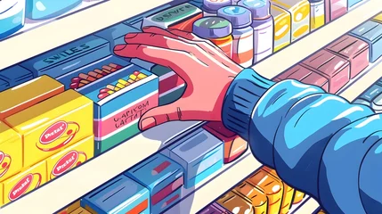 Fotobehang Customer s Hand Reaching for Medication on Drugstore Shelf in Whimsical © CYBERUSS