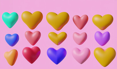 3d cartoon colorful heart shape toy collection, isolated on light pink background.