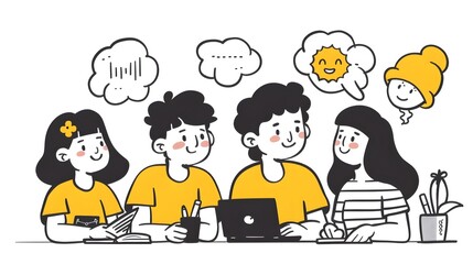 Diverse Group of Coworkers Brainstorming and Collaborating in the Office with Colorful Thought Bubbles Overhead