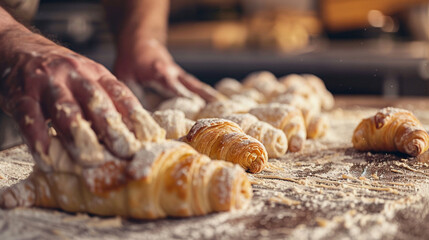 A baker's hands expertly shaping layers of buttery croissant dough into delicate crescent shapes, with the process captured in exquisite detail,