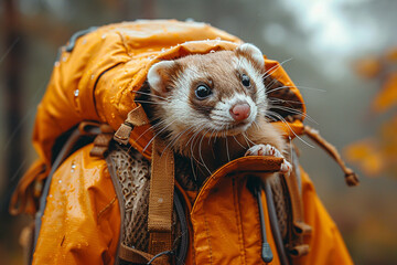 A playful ferret peeking out from its owner's backpack, their shared adventures filled with laughter and excitement as they explore the world together.