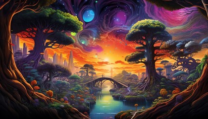 Naklejka premium Craft an oil painting of a dreamlike aerial view showcasing a mystical forest with neon glowing trees, merging with a bustling cityscape below Embrace iridescent colors and twisted perspectives for a