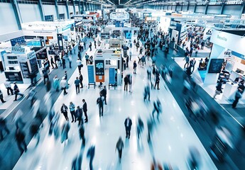 Wide Shot of International Trade Fair with Exhibition Stands and Blurred Foreground