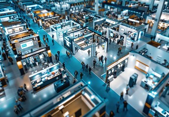 Wide Shot of International Trade Fair with Exhibition Stands and Blurred Foreground