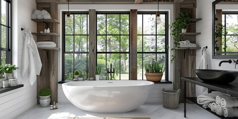 Modern Farmhouse Bathroom with Freestanding Tub, Wooden Shelves, and Natural Light