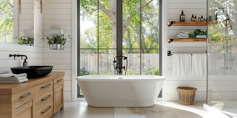 Modern Farmhouse Bathroom with Freestanding Tub, Wooden Shelves, and Natural Light