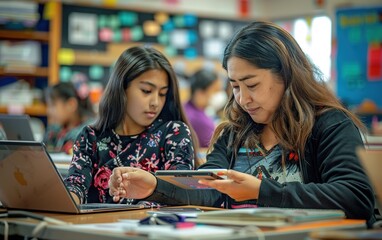 Multiethnic Female Teacher and Students Collaborate Using iPad for Classroom Learning