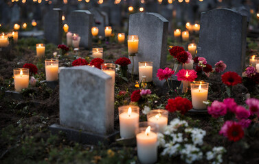 candles and flowers in a graveyard at sunset generative ai Pro Photo
