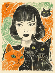 A Girl and Cats.  Generated Image.  A Fauvist style monocromatic retro digital illustration of a girl with cats with swirling energy and celestial elements.