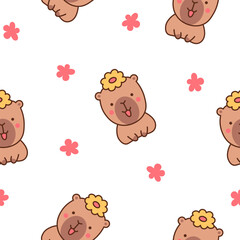 Cute cartoon kawaii capybara. Seamless pattern. Animal funny characters. Hand drawn style. Vector drawing. Design ornaments.