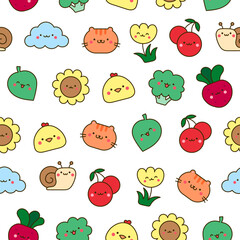 Kawaii cartoon farm characters. Seamless pattern. Cute animals, nature, vegetables, fruits, flowers. Hand drawn style. Vector drawing. Design ornaments.