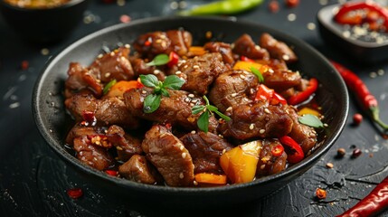 Spicy meat with peppers cooked in a wok. Pieces of chicken with red and yellow peppers in a black bowl on a dark background. Asian style food.