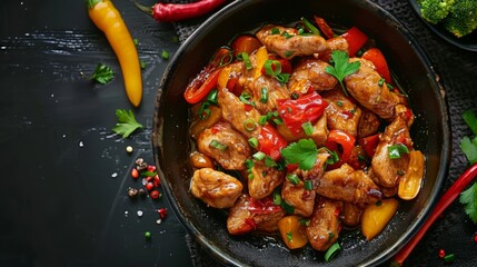 Spicy meat with peppers cooked in a wok. Pieces of chicken with red and yellow peppers in a black bowl on a dark background. Asian style food.