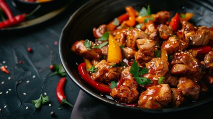 Fototapeta premium Spicy meat with peppers cooked in a wok. Pieces of chicken with red and yellow peppers in a black bowl on a dark background. Asian style food.