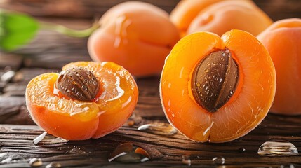 the slice cut off half apricots in water drops close up on background - Powered by Adobe