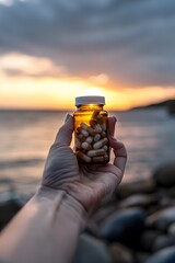 Hand Holding Bottle of Vitamins and Supplements with Scenic Ocean Sunset View