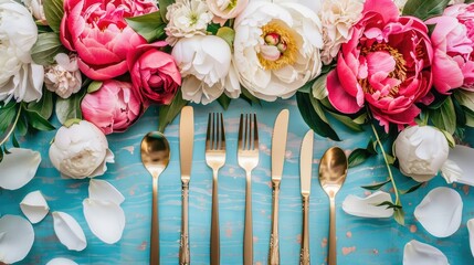 Obraz premium Celebrate Mother s Day with a stunning table arrangement featuring gleaming golden cutlery and vibrant peony blooms captured in a gorgeous flat lay presentation