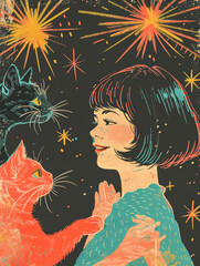 A Girl and Cats.  Generated Image.  A Fauvist style monocromatic retro digital illustration of a girl with cats with swirling energy and celestial elements.