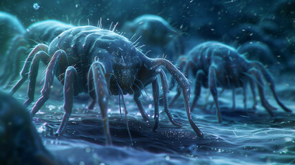 Dust Mites are magnified to reveal their microscopic details.