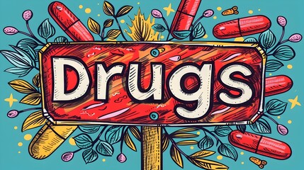 Impactful Hand Drawn of a Red Stop Sign Crossed Out with the Word Drugs in Bold Lettering Emphasizing the Importance of Ending Substance Abuse - obrazy, fototapety, plakaty