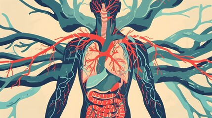 Informative of the Human Circulatory System Showcasing the Heart Blood Vessels and Major Organs Suitable for Medical Diagrams or Cardiovascular