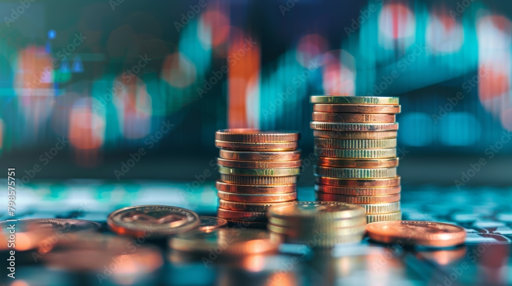 Poster Stack of money coin with trading graph, financial investment concept use for background