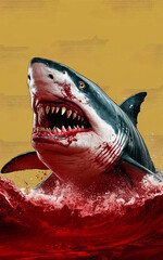 Obraz premium Powerful Great White Shark Emerging from the Depths