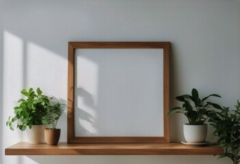 white shelf background pots interior plants empty bright frame wall leaning table Wooden plants