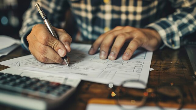 A person filling out a bank deposit slip in a bank under soft lighting
