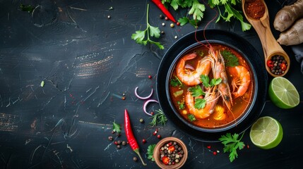 Taste of Thailand: Spicy and Sour Thai Tom Yum Goong Soup with Shrimp and Aromatic Ingredients on Black and Wooden Background