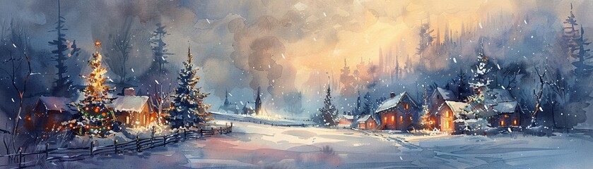 Serene winter village by watercolor painting