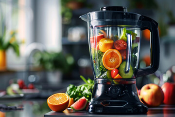 A contemporary blender whirring with vibrant fruits and vegetables, creating a nutritious smoothie.