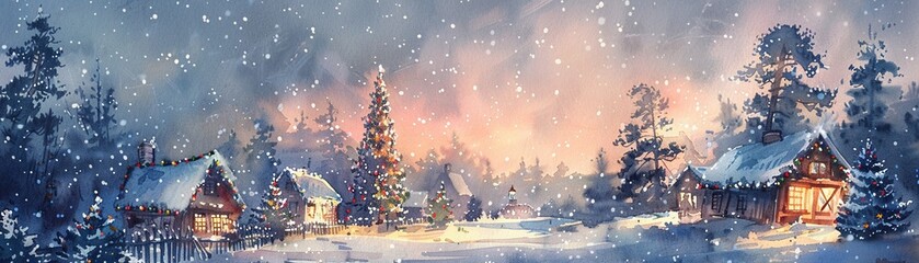 Winter village by watercolor painted, Snowy, Christmas