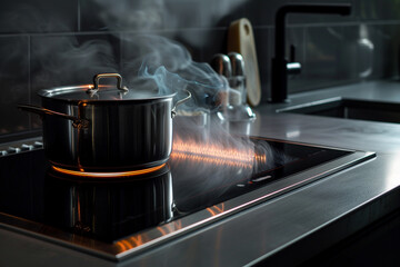 A contemporary induction cooktop with touch-sensitive controls heating up a gourmet meal in a sleek pot.